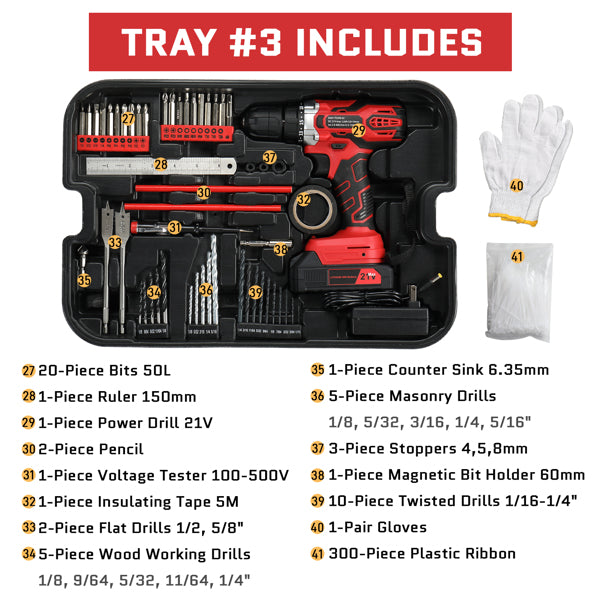 599-Piece Power Tool Set with 21V Cordless Drill and Rolling Toolbox