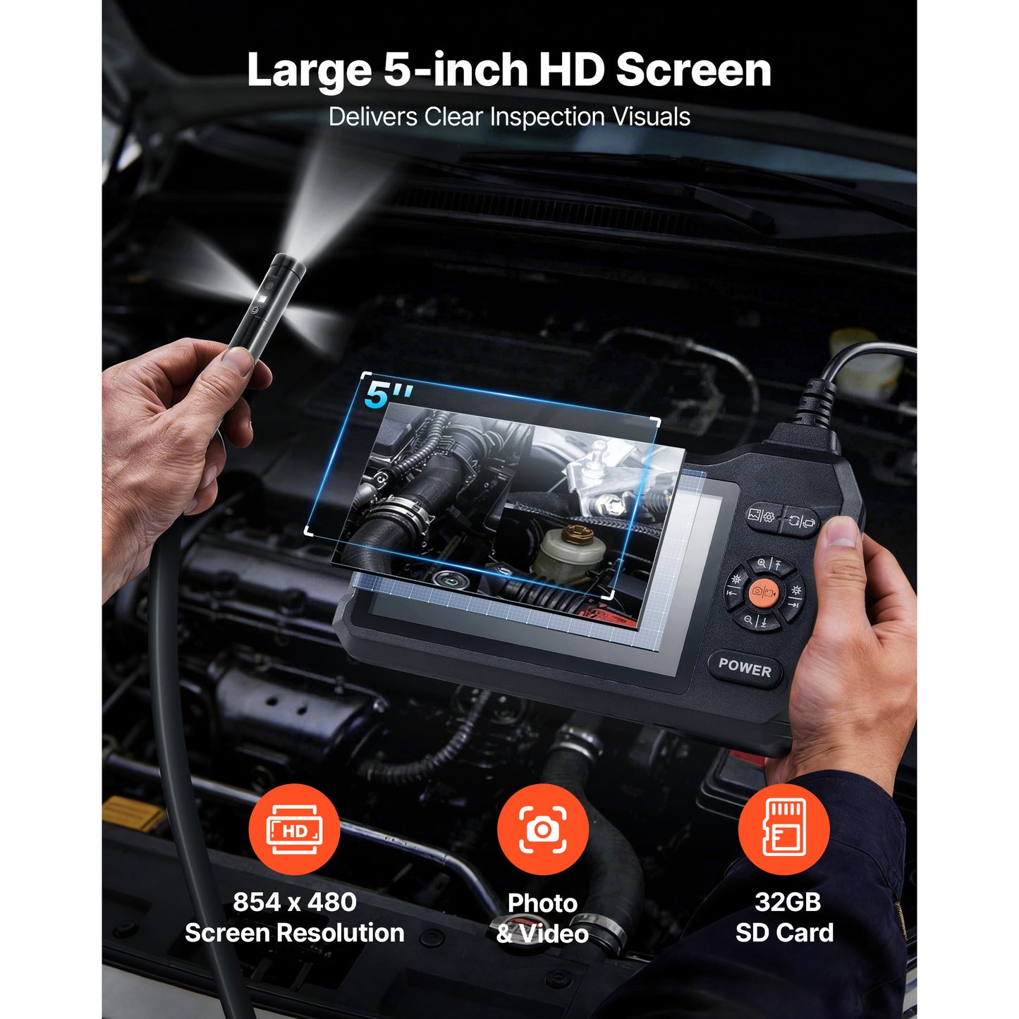 HD Industrial Endoscope Camera with Light 8X Zoom Waterproof 16.4FT Rigid Cable