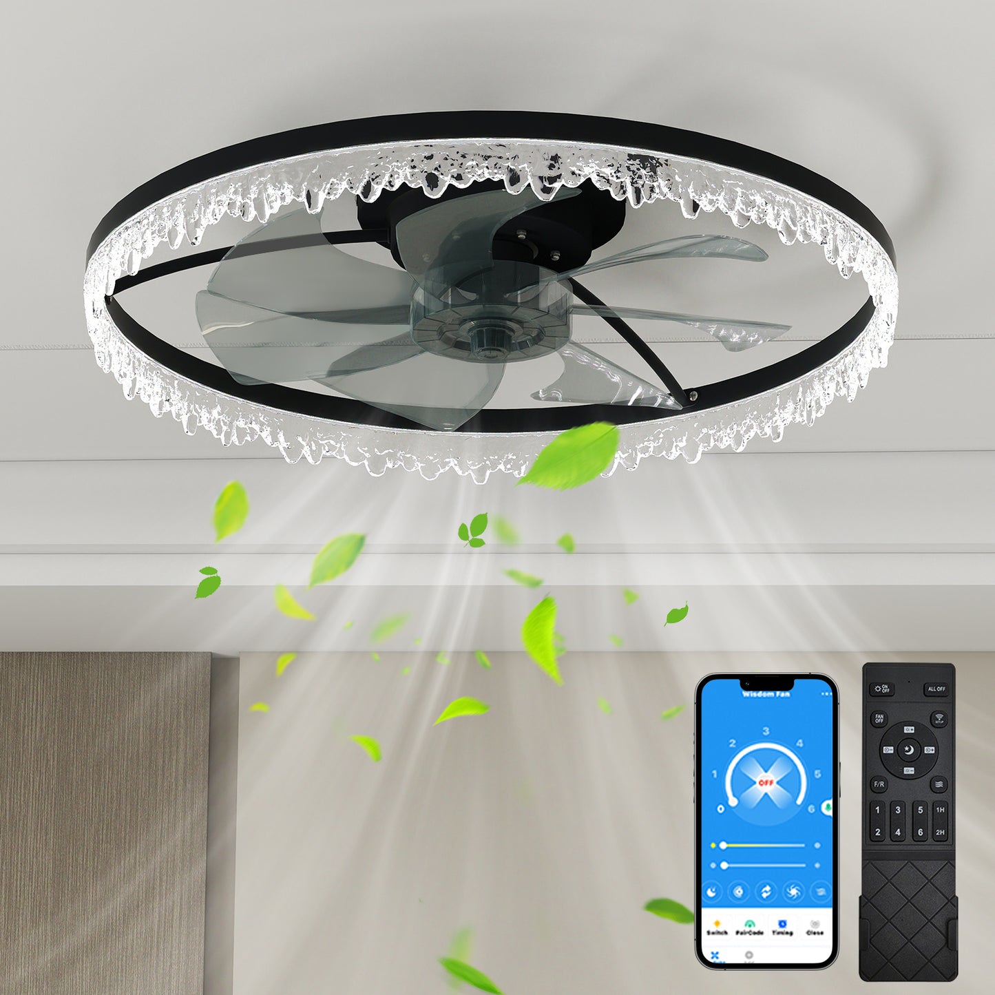 20-Inch Black Smart Ceiling Fan Light with Remote Control