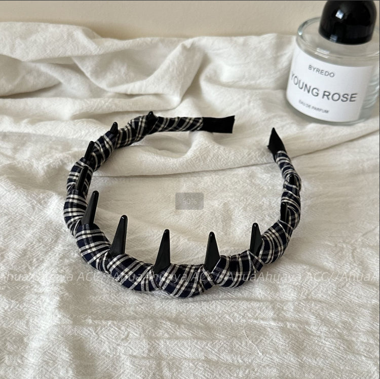 Plaid Toothed Hairband Navy Blue Mixed Material - 1 Piece