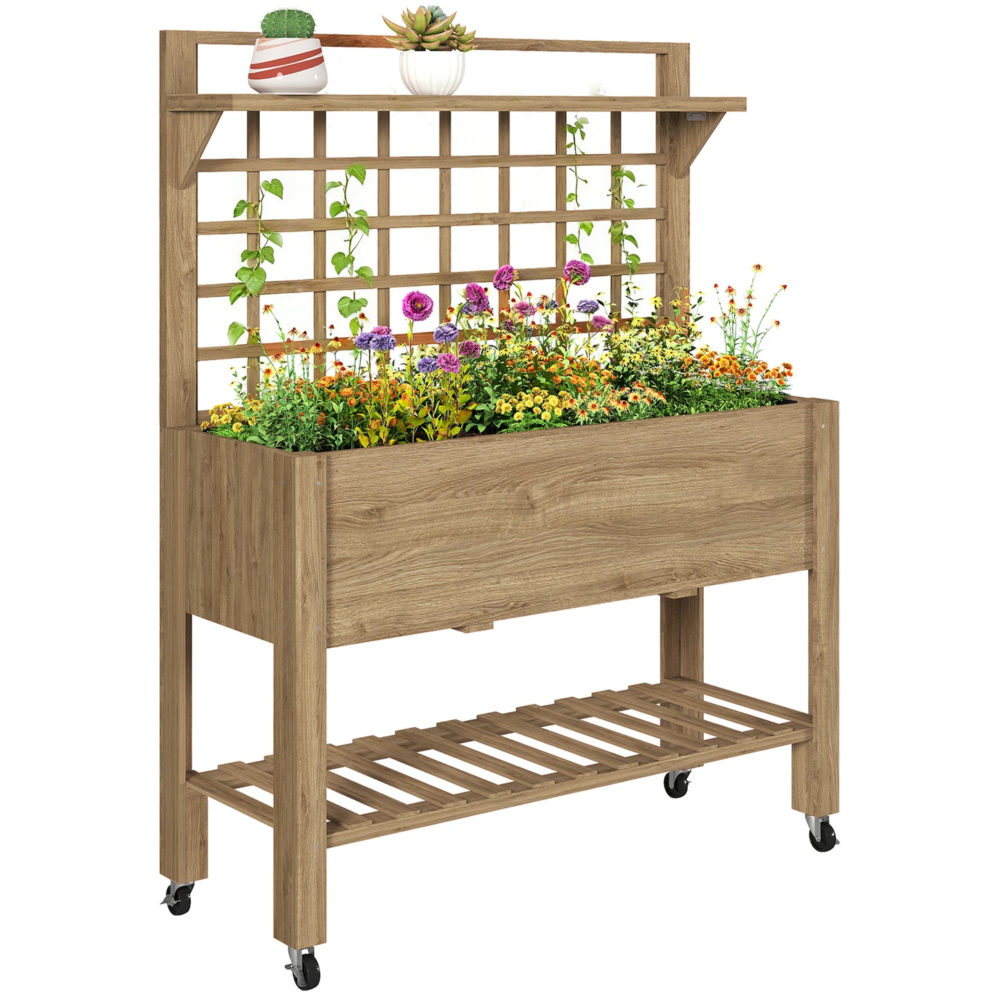 41-Inch Raised Garden Bed with Wheels, Wooden Planter Box, Trellis & Storage Shelf - Dark Brown