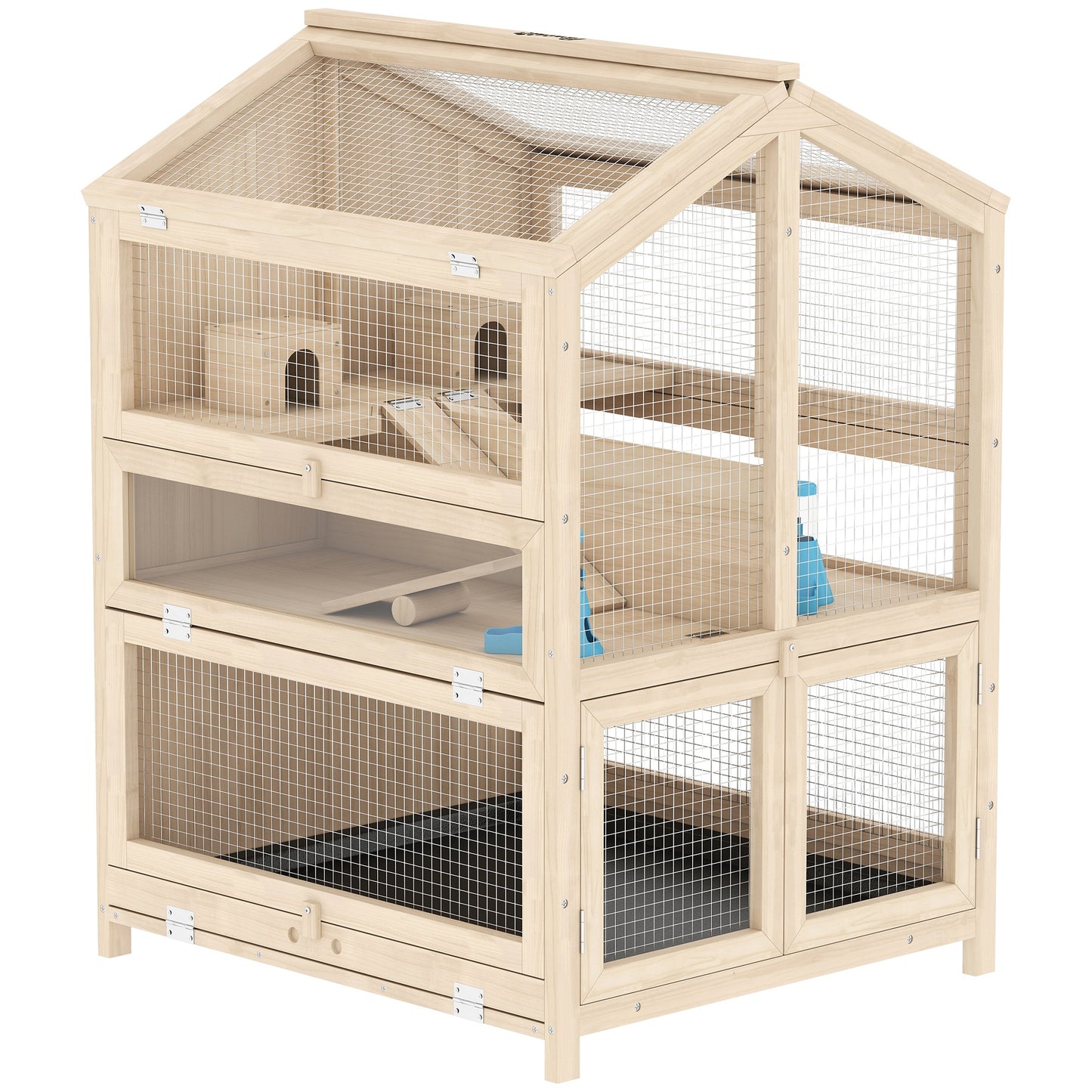Large Wooden Hamster Cage 3-Tier with Pull-Out Tray & Openable Top