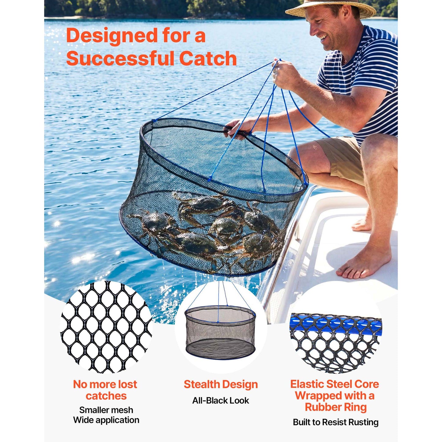 Foldable Fishing Net with Rope & Storage Bag - Portable Fish Landing Net for Minnows Shrimp Crawfish Crab