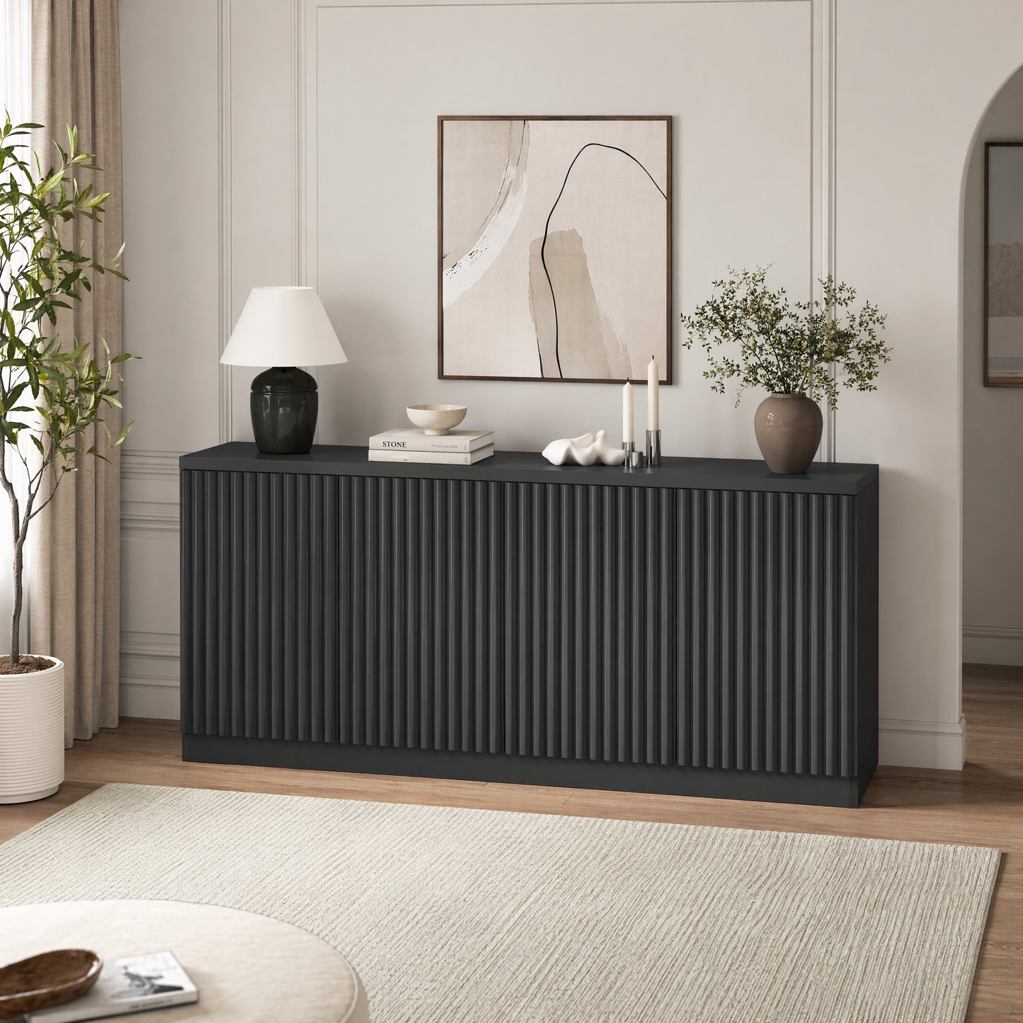 Black Buffet Cabinet with 4 Doors & Shelves - 62.6" Sideboard