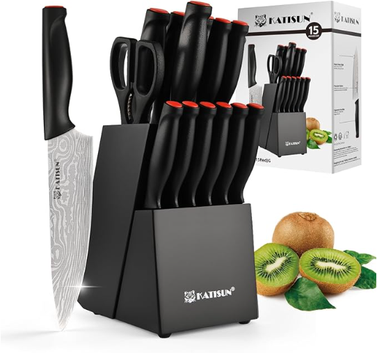 15-Piece Damascus Kitchen Knife Set with Block & Sharpener