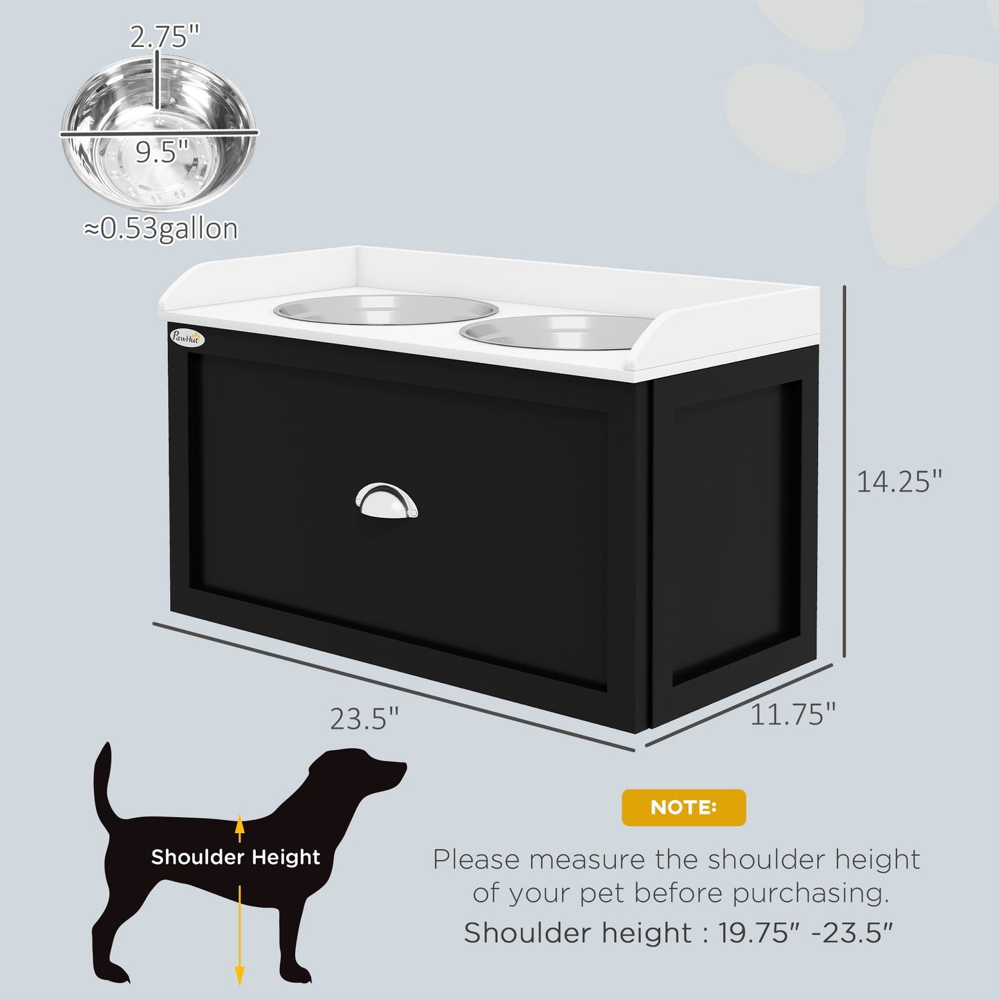 Elevated Dog Food Station with Storage - Large Pet Bowls Set, White & Black