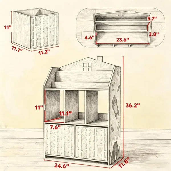 Kids Bookshelf with Storage - Fun House Shape, 36" Tall