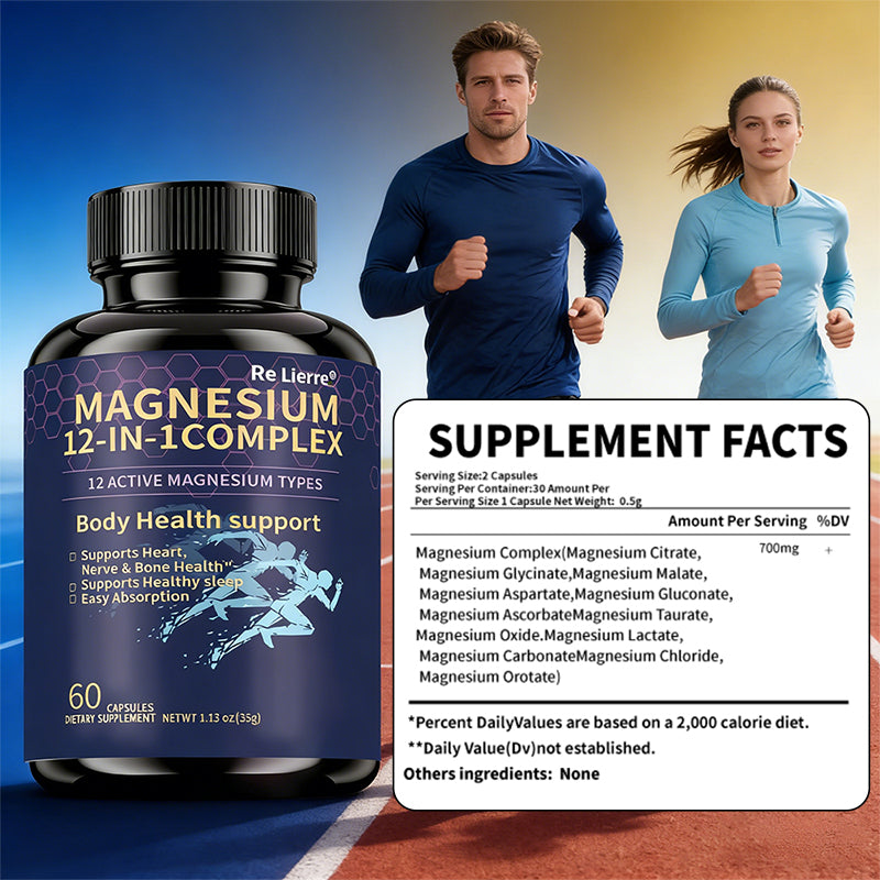 12-in-1 Magnesium Glycinate Complex - 700mg High Absorption Supplement - 60 Capsules
