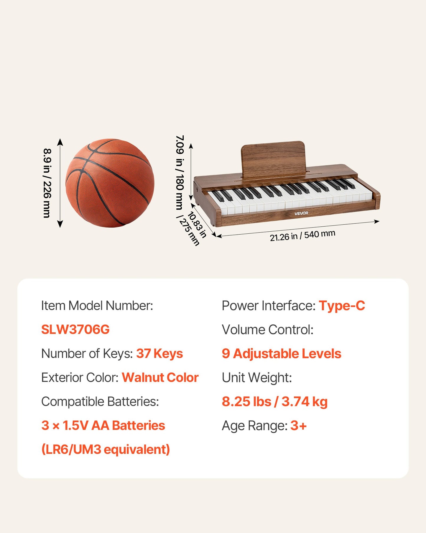Kids Wooden Piano Keyboard - 37 Keys Digital Musical Instrument for Toddlers