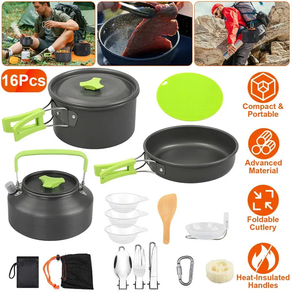 16-Piece Camping Cookware Set - Aluminum Kettle, Utensils & More