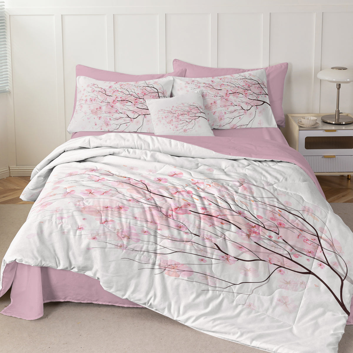 Cherry Blossom Comforter Set - 8 Pieces Twin Size Soft Bedding