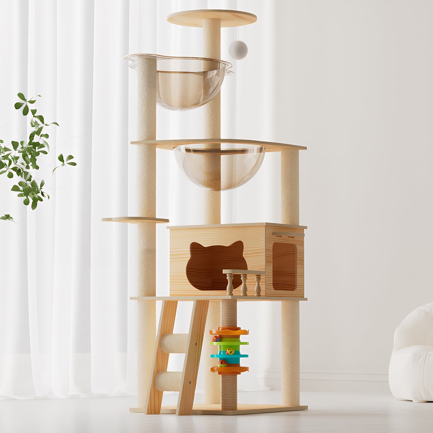 59-Inch Modern Wooden Cat Tower with Sisal Scratching Posts, Top Perch & Acrylic Hammock