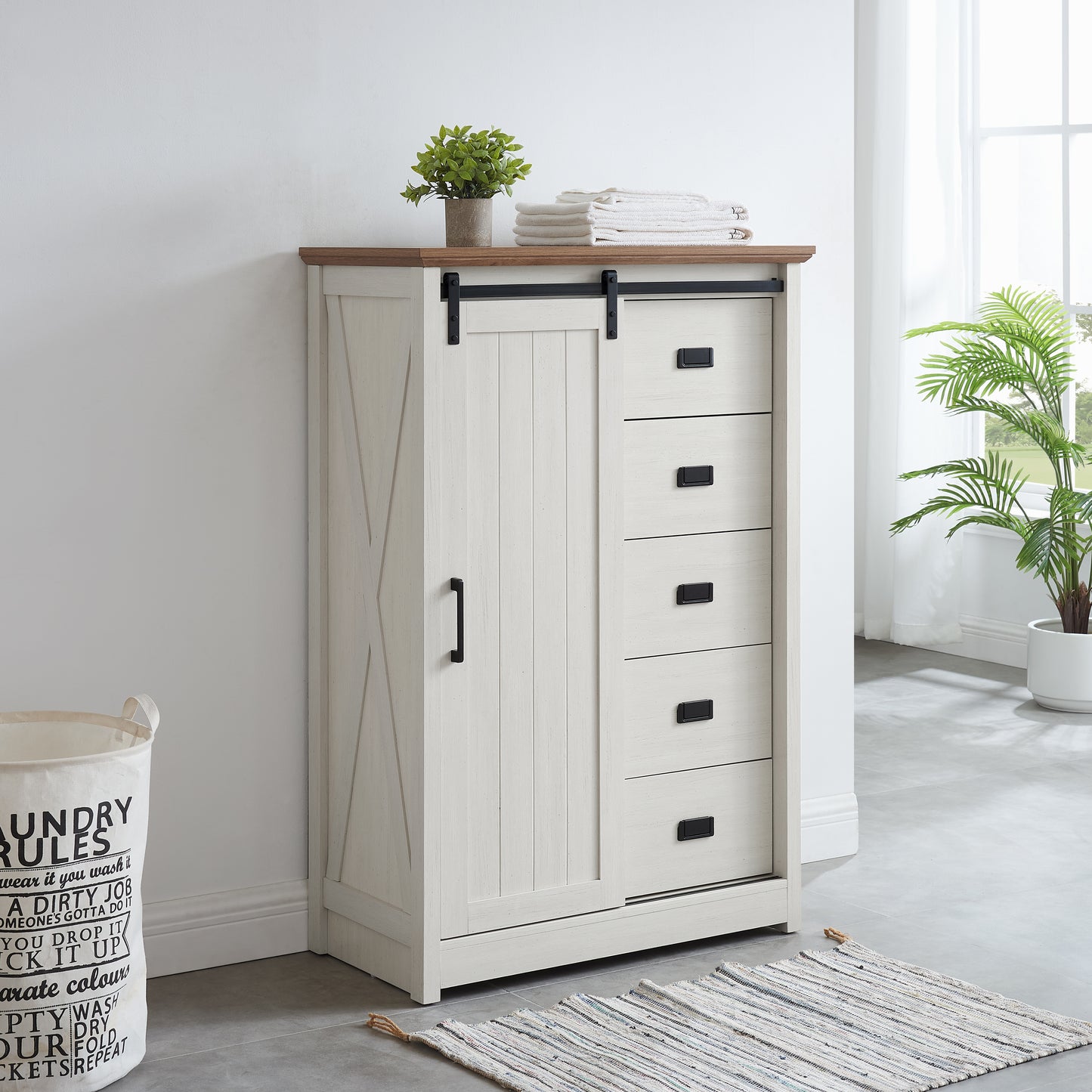 5-Drawer Farmhouse Dresser with Sliding Barn Door - White