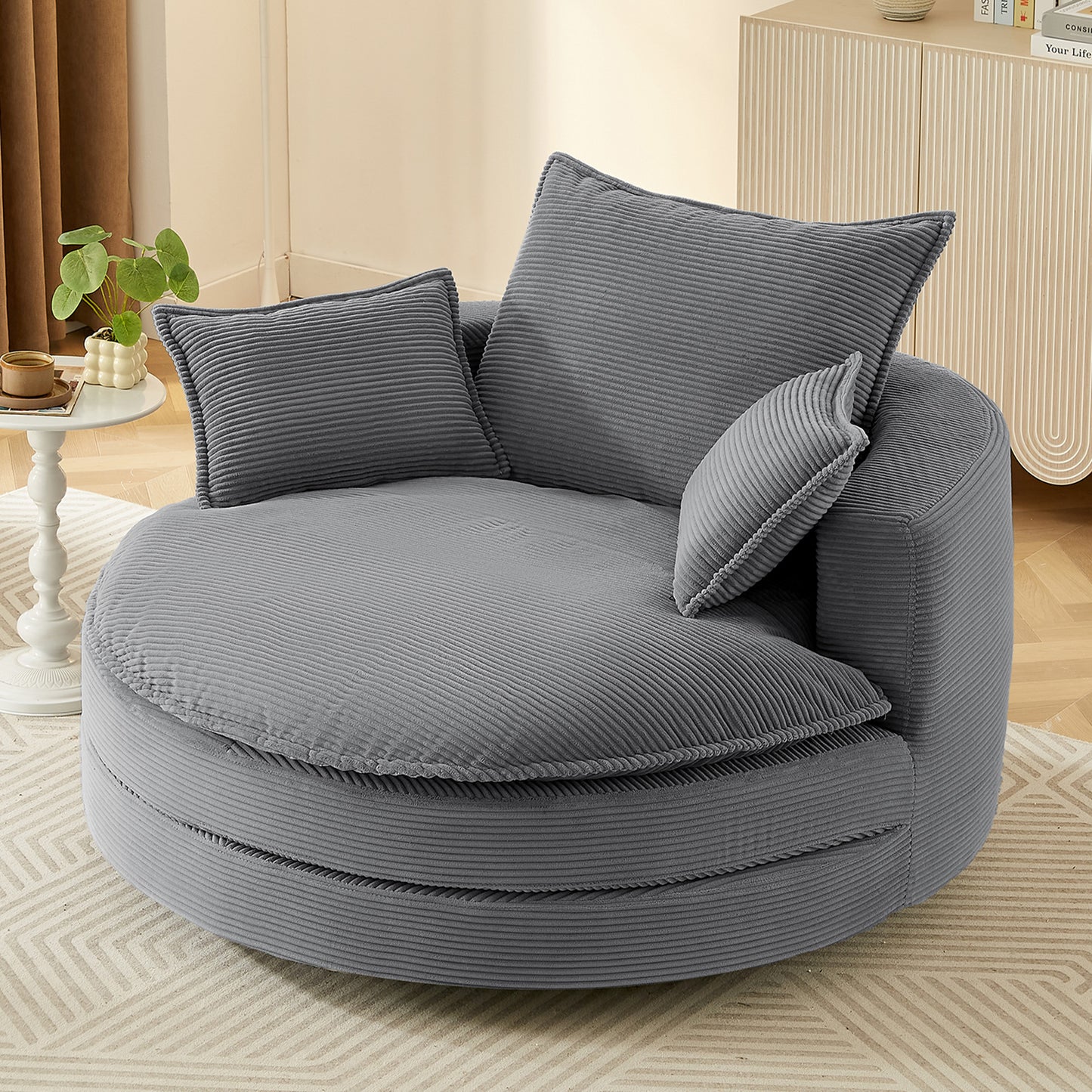 360° Swivel Barrel Chair with Dual-Layer Cushion - Grey