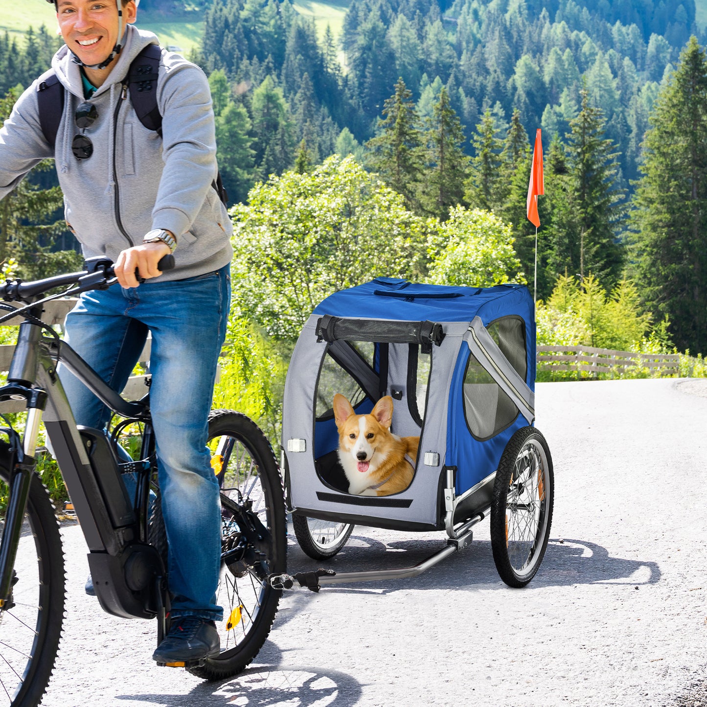 Pet Bike Trailer with Folding Frame, 20-Inch Wheels, Mesh Screens, Blue and White