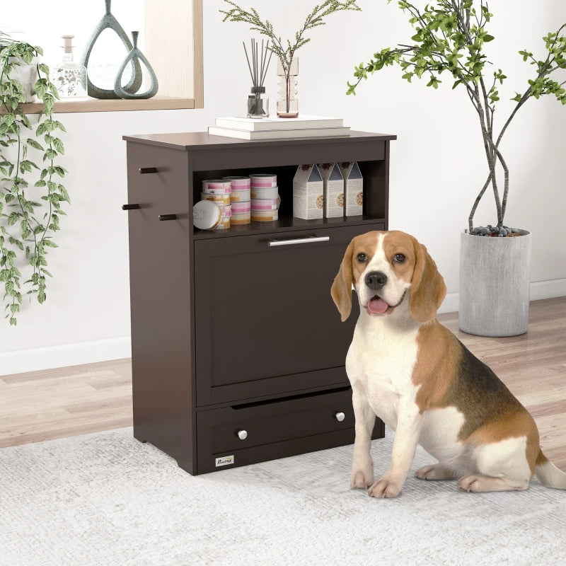 Dog Food Storage Cabinet with Elevated Bowls and Side Hooks - Brown