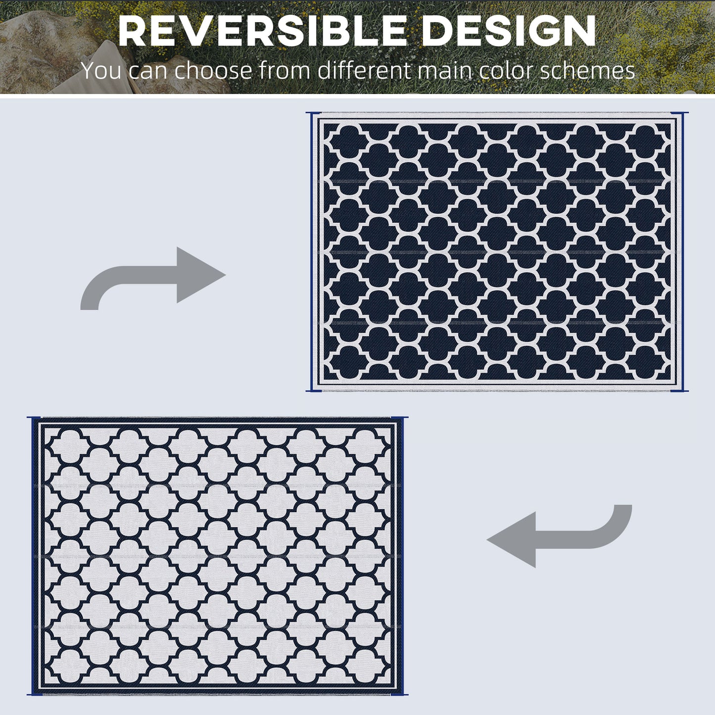 Reversible Waterproof Outdoor Rug - 9x12 Blue & White Mat for Camping, Picnic, Beach