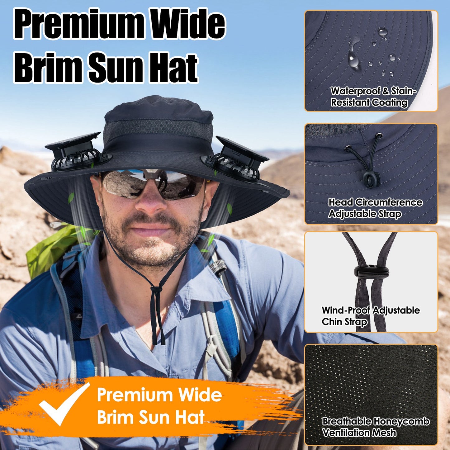 Outdoor Wide Brim Sun Hat with Rechargeable Fans - UPF50 Waterproof Mesh Hat for Hiking Camping Fishing