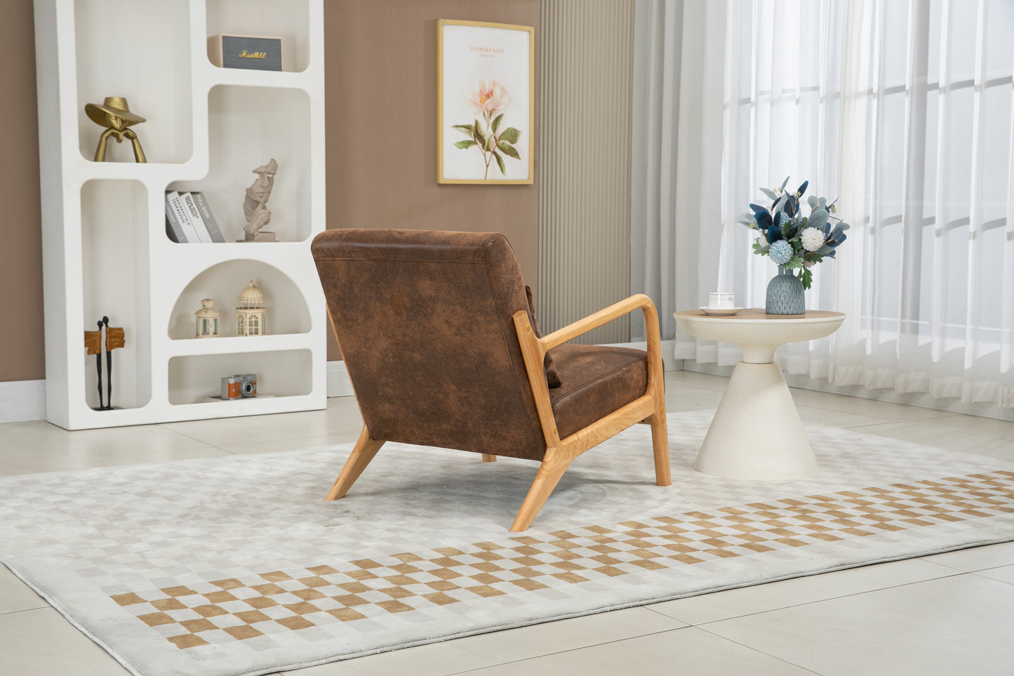 Mid Century Modern Accent Chair - Upholstered Wood Frame, Antique Brown