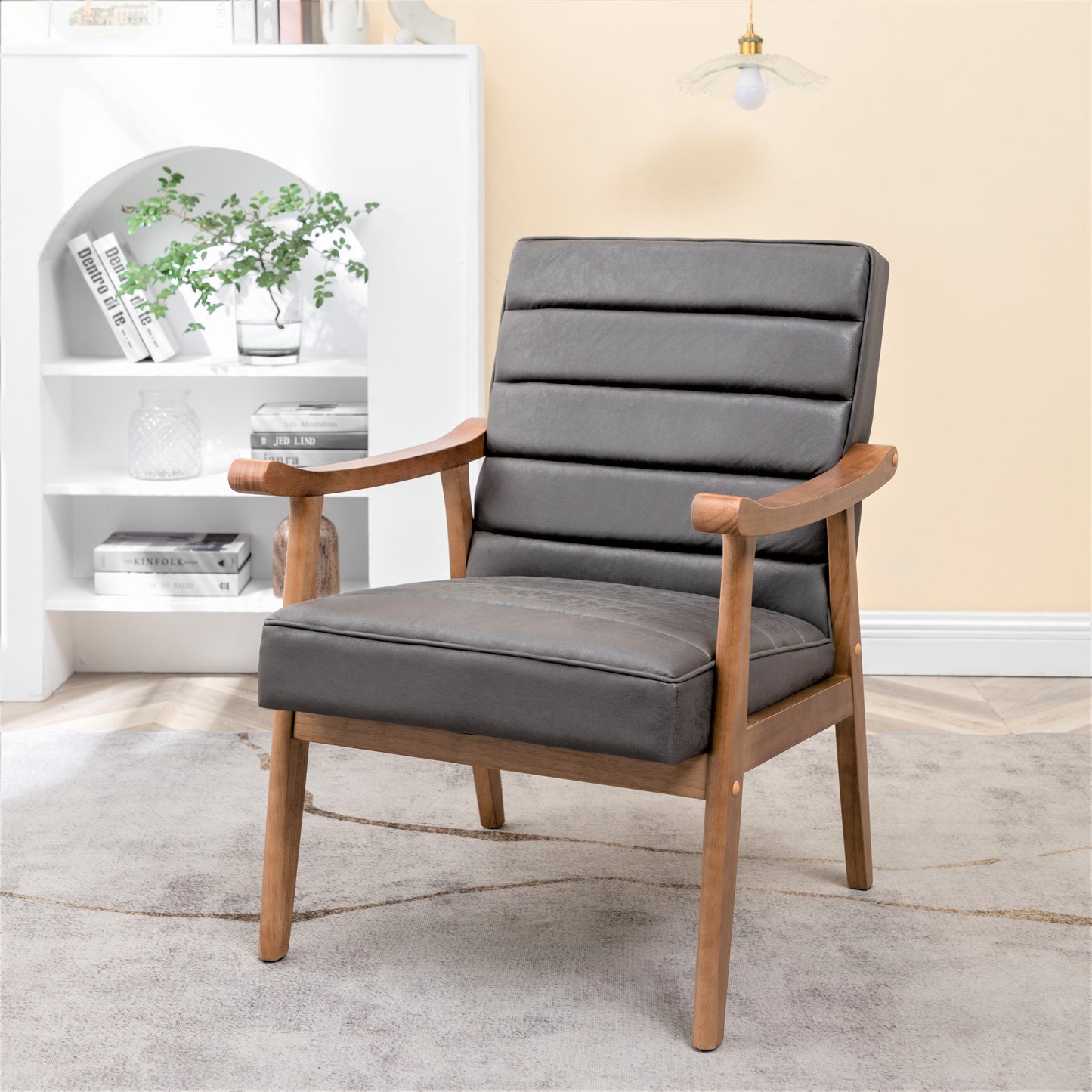 Mid-Century Modern Accent Chair, Solid Wood Frame Leather Look