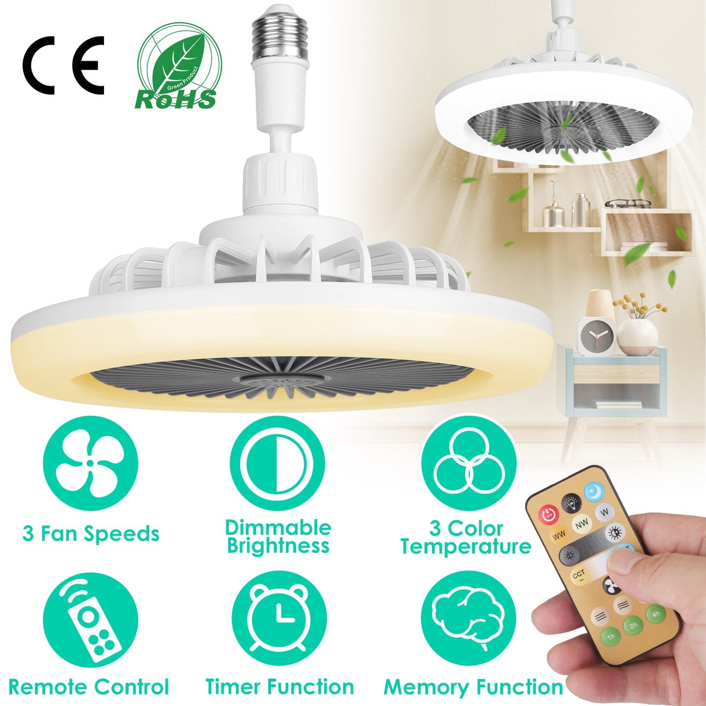 LED Ceiling Fan with Dimmable Lights Remote Control 9.44in E27 Socket