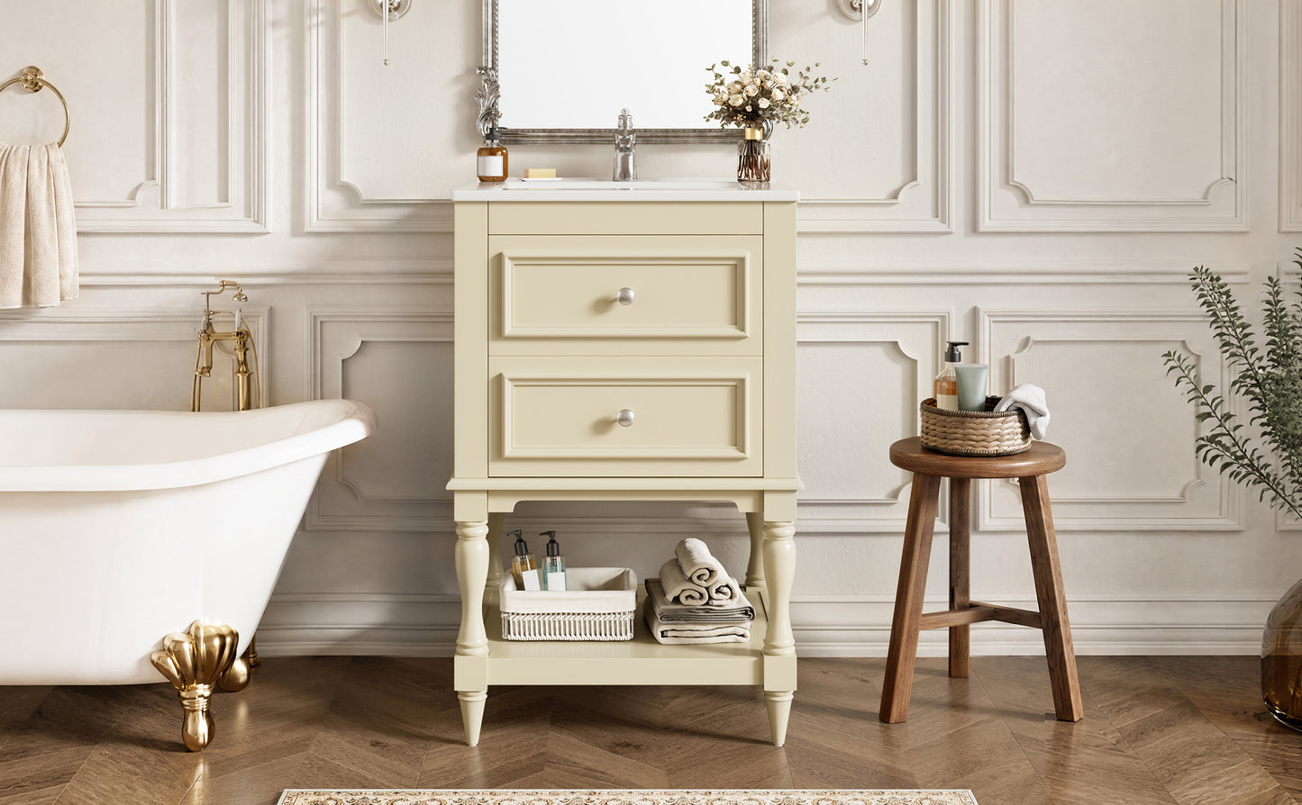 20'' Beige Bathroom Vanity with Ceramic Sink & 2 Drawers