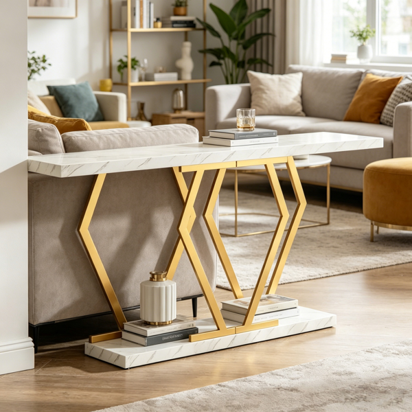 Modern Faux Marble Console Table with Gold Frame - 70.9"