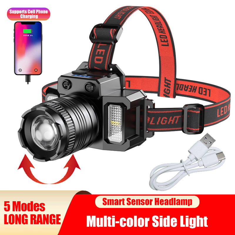 Rechargeable LED Headlamp with Motion Sensor, Zoom, 5 Modes for Camping and Outdoor Use
