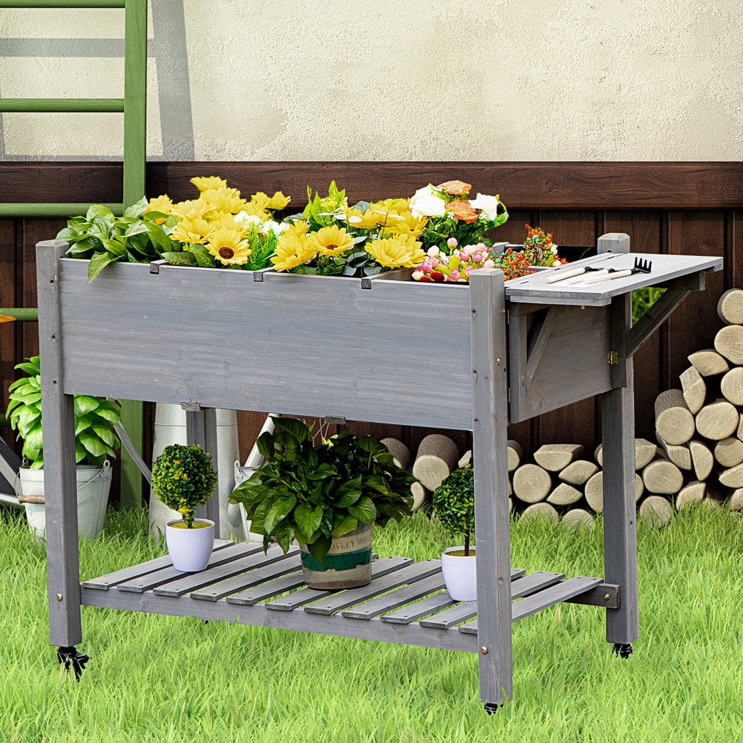Raised Garden Bed Planter Box with Wheels & Storage Shelf - 1100x210x320mm
