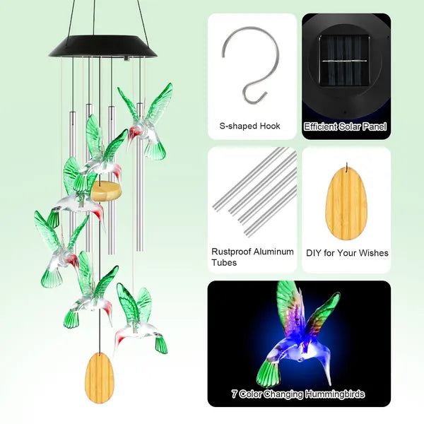 Solar Hummingbird Wind Chime with Color-Changing Lights - 2-Pack Options