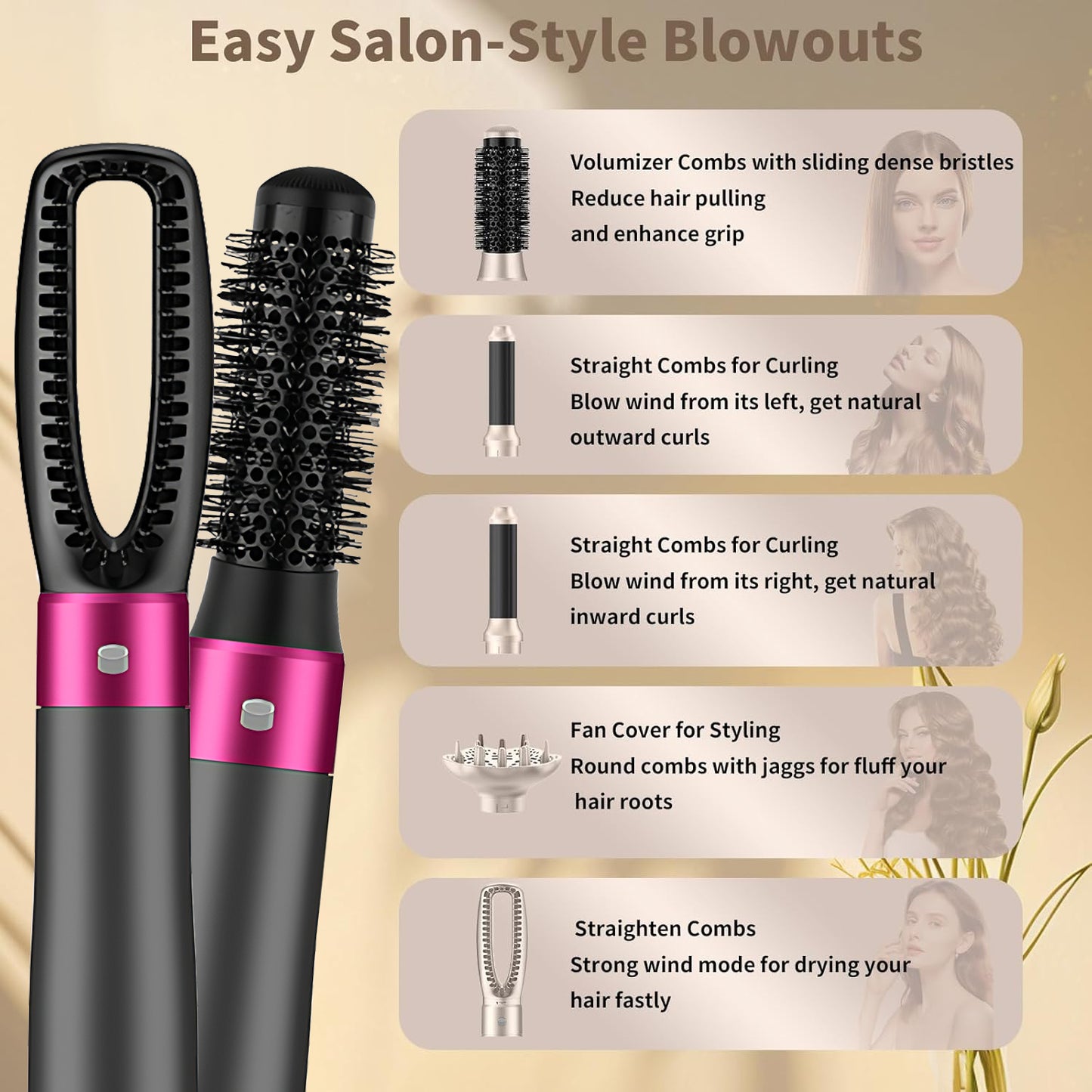5-in-1 Ionic Hair Dryer Brush Kit - Detachable Styling Heads, 1000W