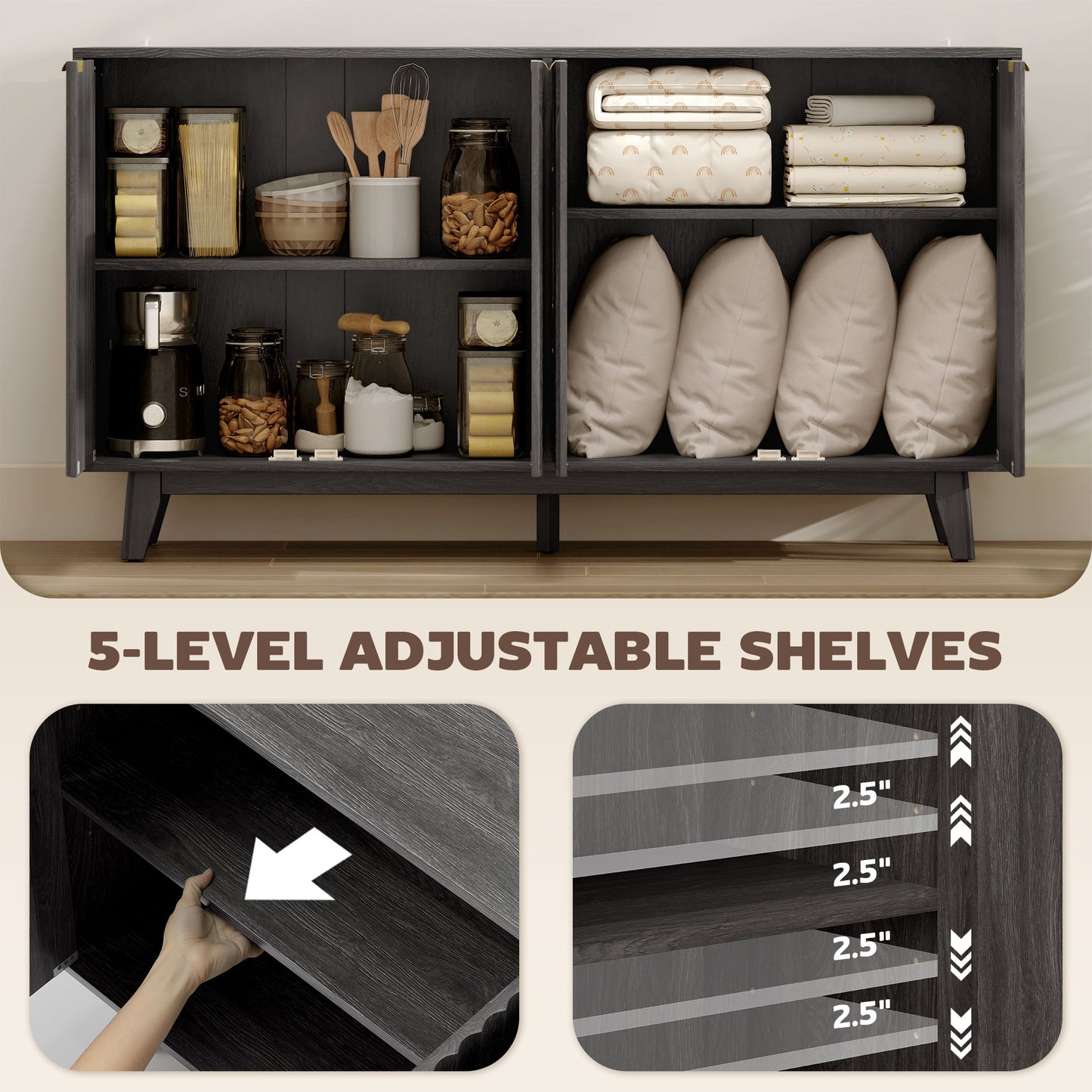 Fluted Buffet Cabinet - 55" Dark Gray with 4 Doors & Adjustable Shelves
