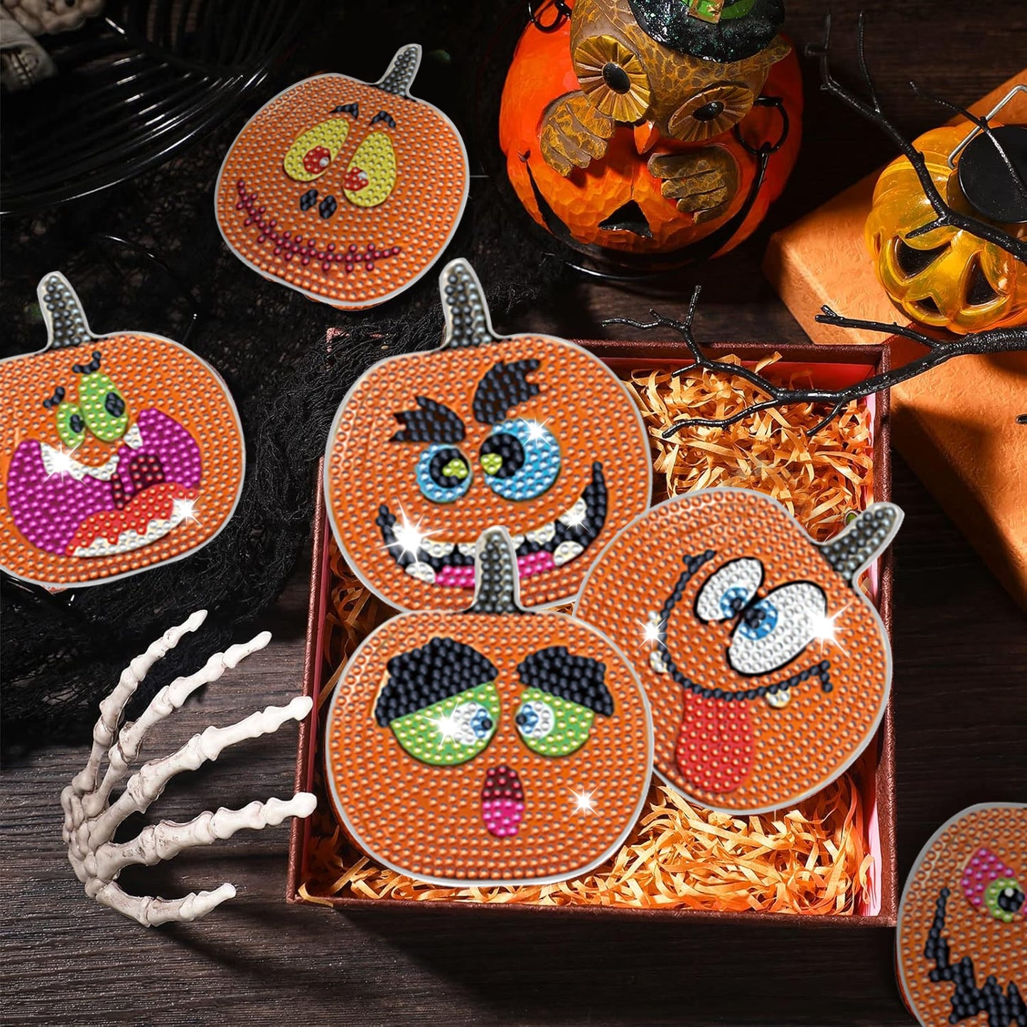 Halloween Pumpkin Rhinestone Coasters - 8 Pack