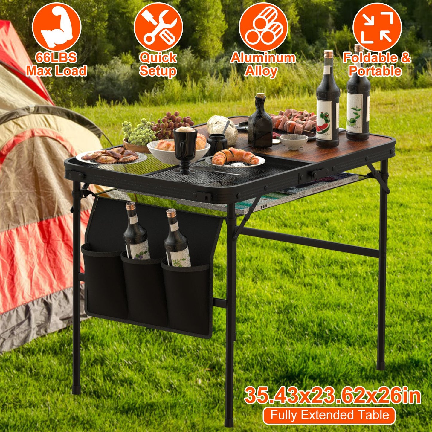 Foldable Camping Table - Adjustable Height, 66LBS Load Capacity