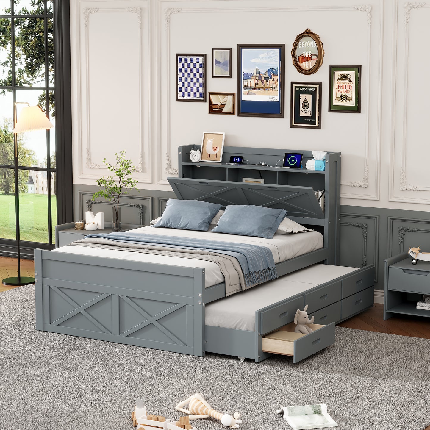 Full Size Wooden Bed with Storage Headboard & Trundle - Gray