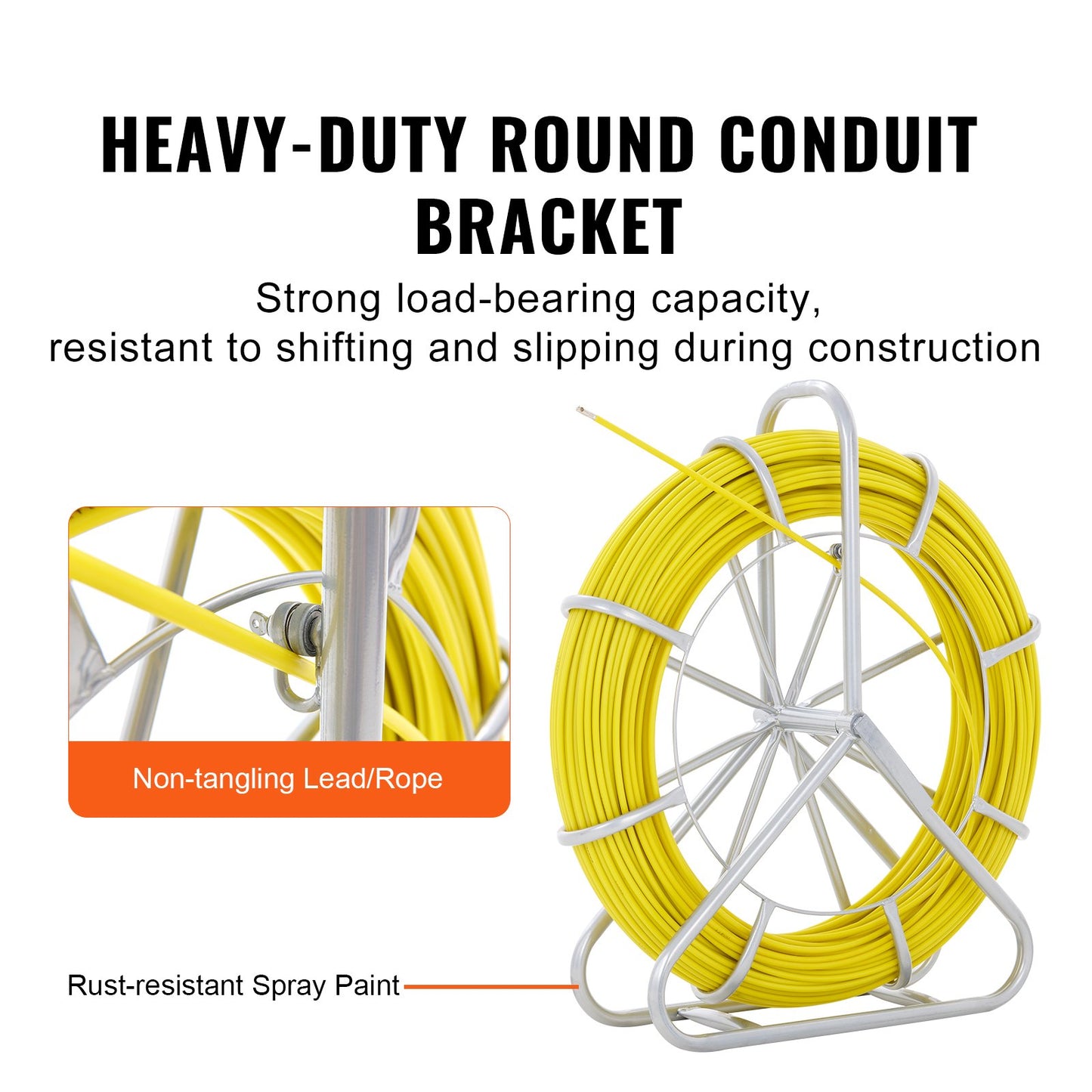 600 Ft Fiberglass Fish Tape with Steel Reel and 3 Pulling Heads - Non-Conductive Wire Puller for Walls and Conduits