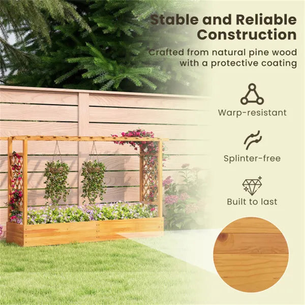 Wooden Raised Garden Bed with Trellis & Flat Roof - Planter Box for Climbing Plants Vegetables Flowers