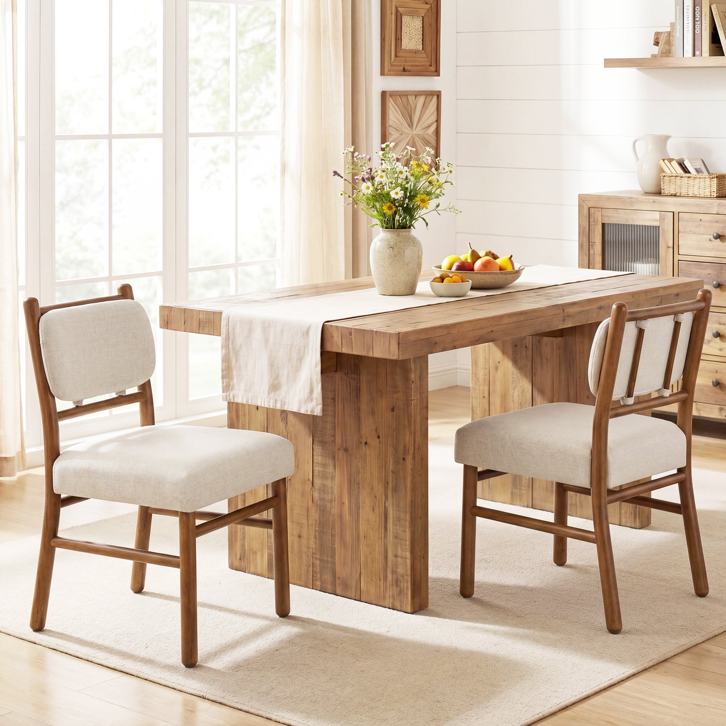 Modern Armless Dining Chairs Set of 2 - Beige Fabric & Dark Walnut