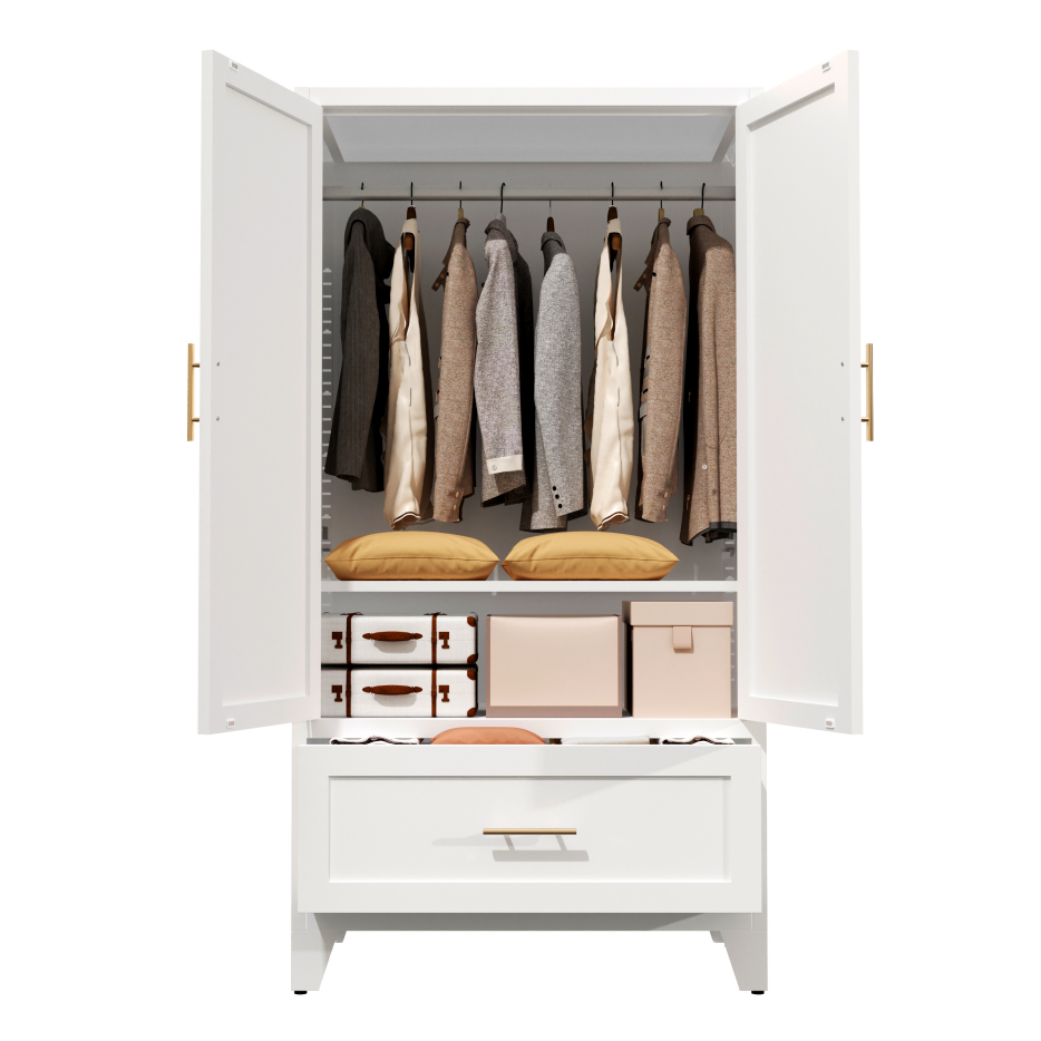 60-Inch Tall Metal Wardrobe Cabinet with Drawer & Shelf - White