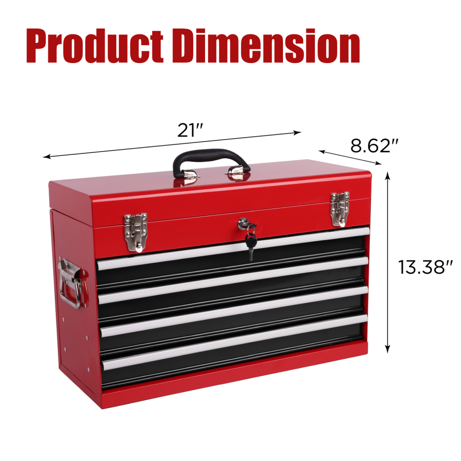 Heavy Duty Metal Tool Box 21-Inch with 4 Drawers, Locking & EVA Liners - Portable Steel Organizer, Red & Black