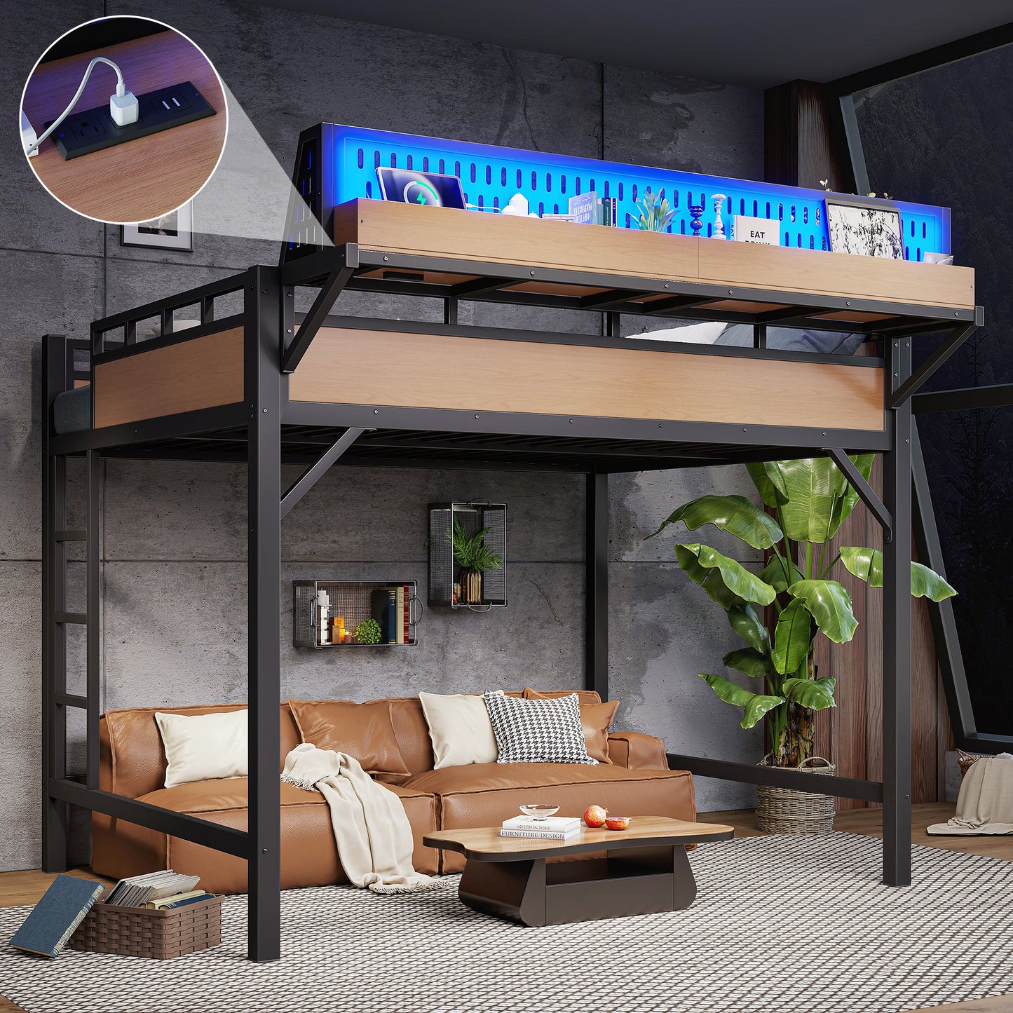 Queen Size Loft Bed Frame with Storage Shelves & USB Ports