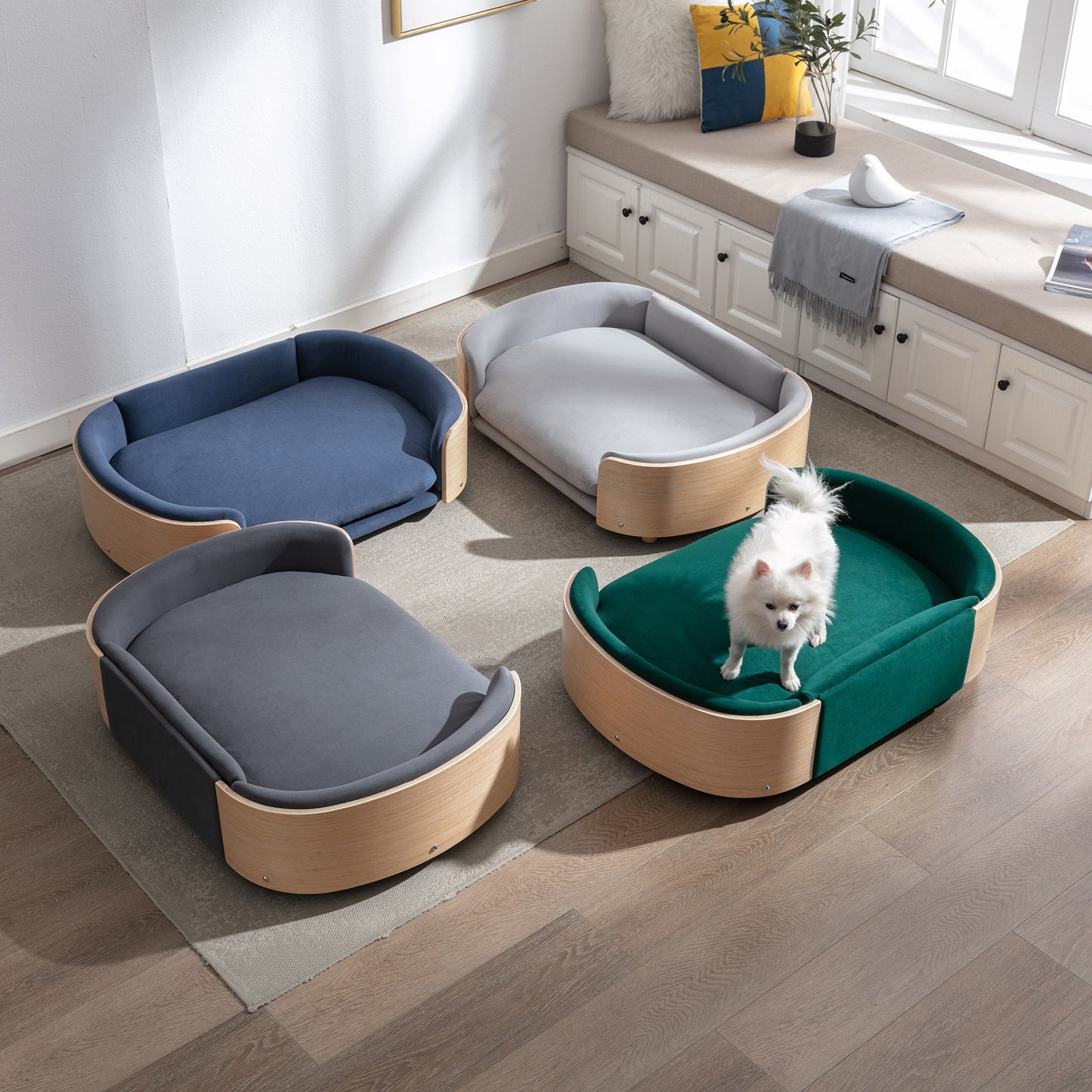Large Scandinavian Style Elevated Dog Bed with Velvet Cushion and Solid Wood Legs