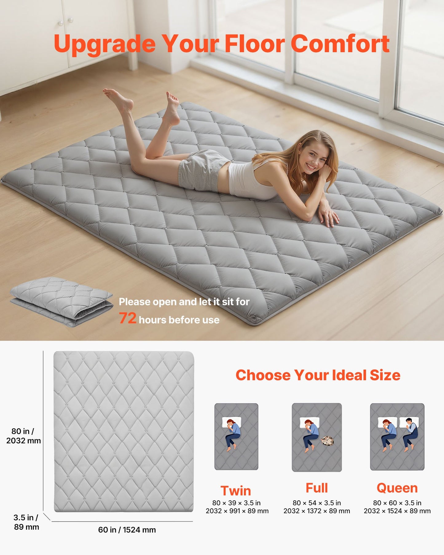 Foldable Japanese Tatami Mattress - Queen Size Floor Bed with Storage Bag, Gray