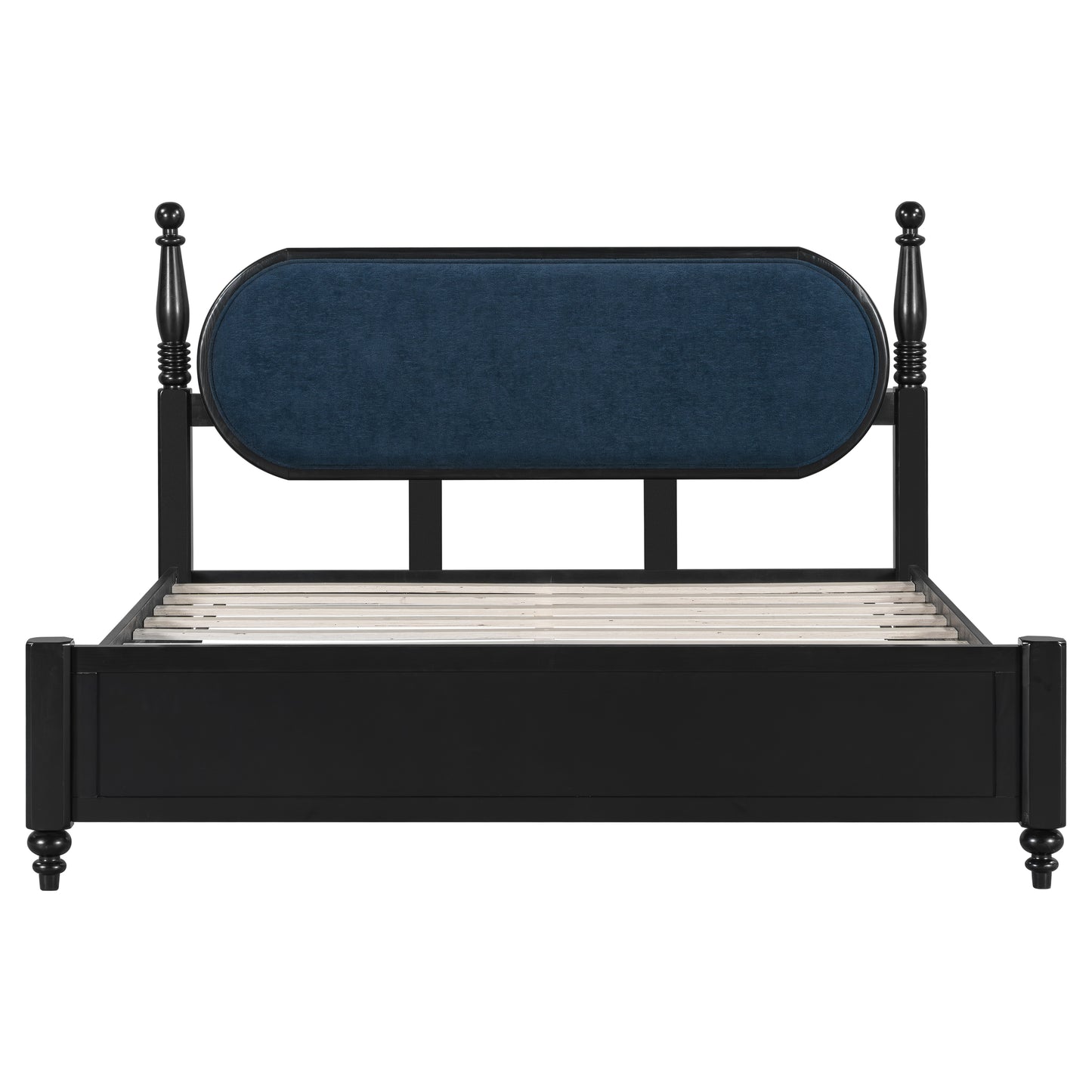 Queen Bed Frame - Solid Wood Platform with Navy Blue & Black Upholstered Headboard