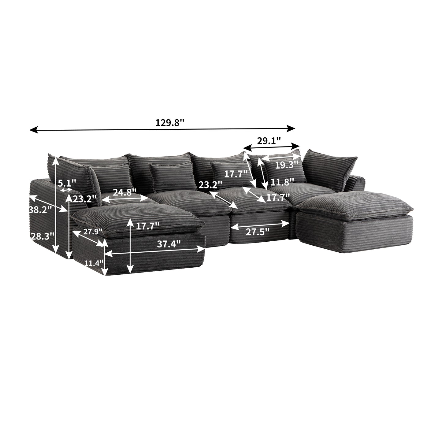 Oversized Modular Sectional Sofa - 129.8" Wide, Antique Grey