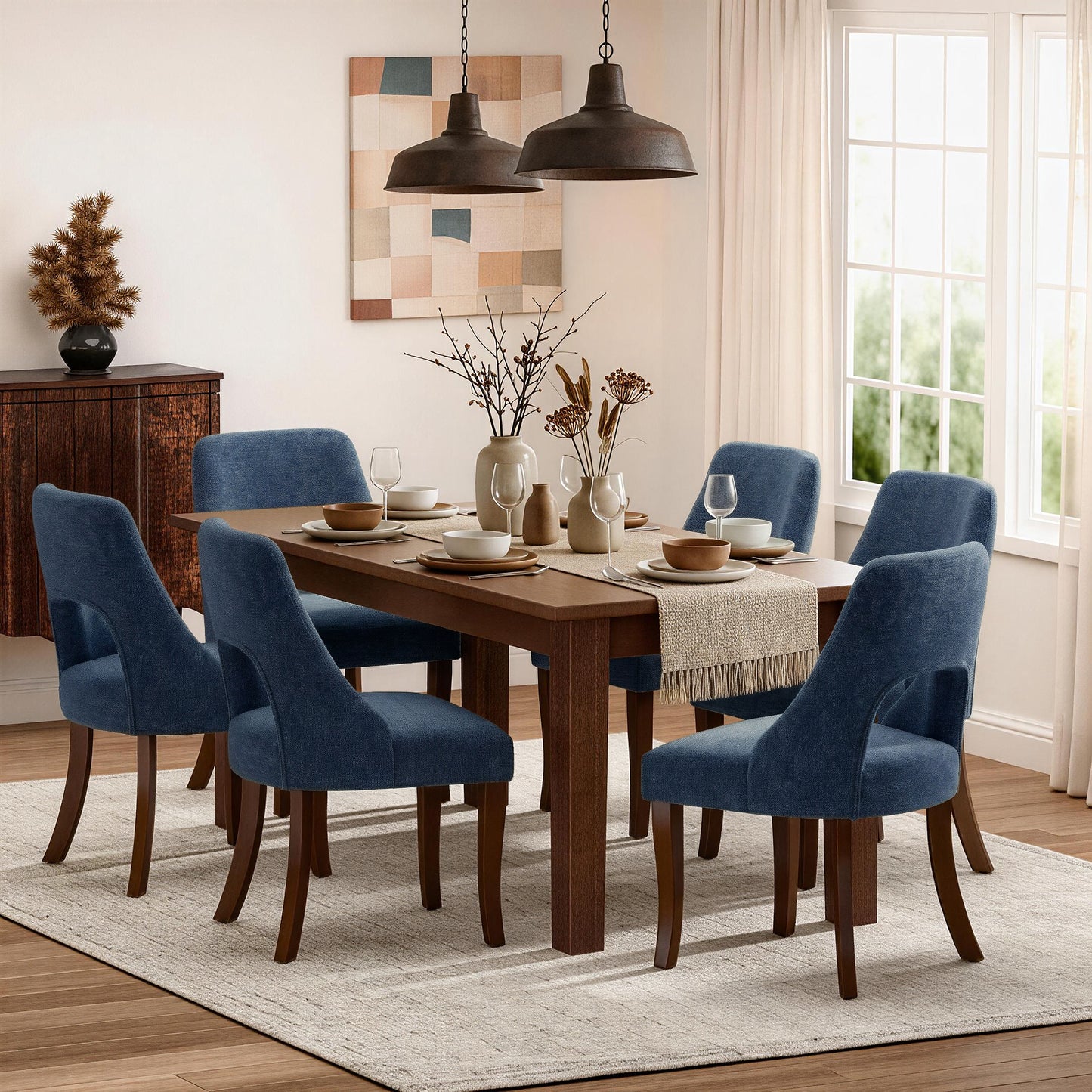 Upholstered Dining Chair Set of 2 - Navy Chenille Fabric