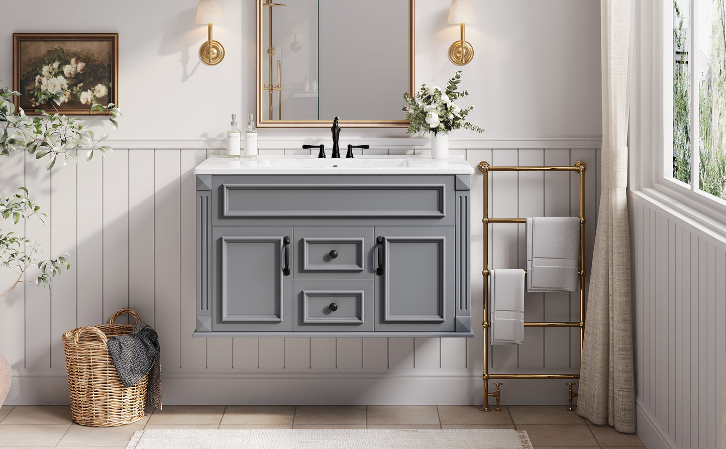 36-Inch Wall-Mounted Bathroom Vanity with Ceramic Sink - Gray