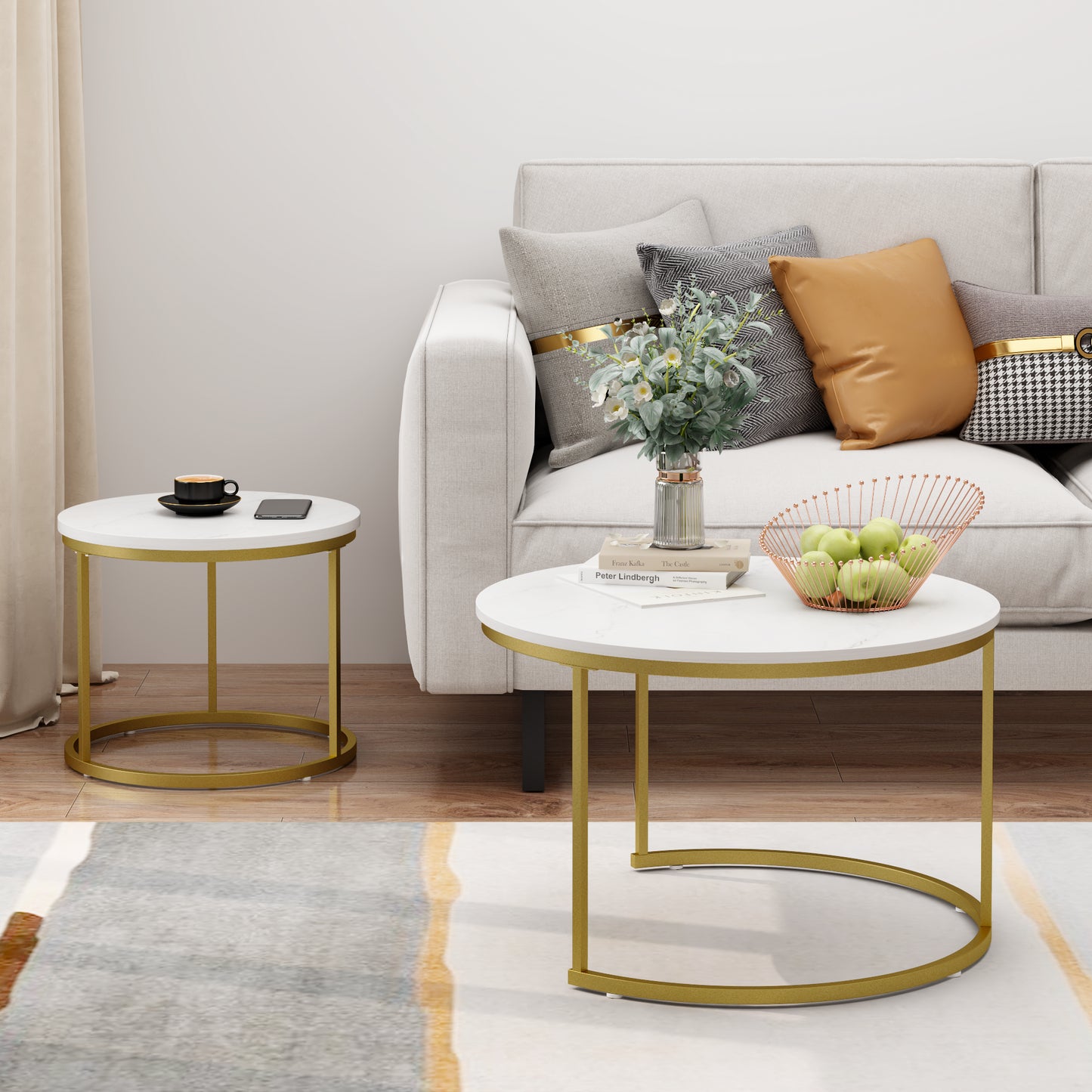 Nesting Coffee Table Set of 2 - Round Wood Marble Pattern - White+Gold