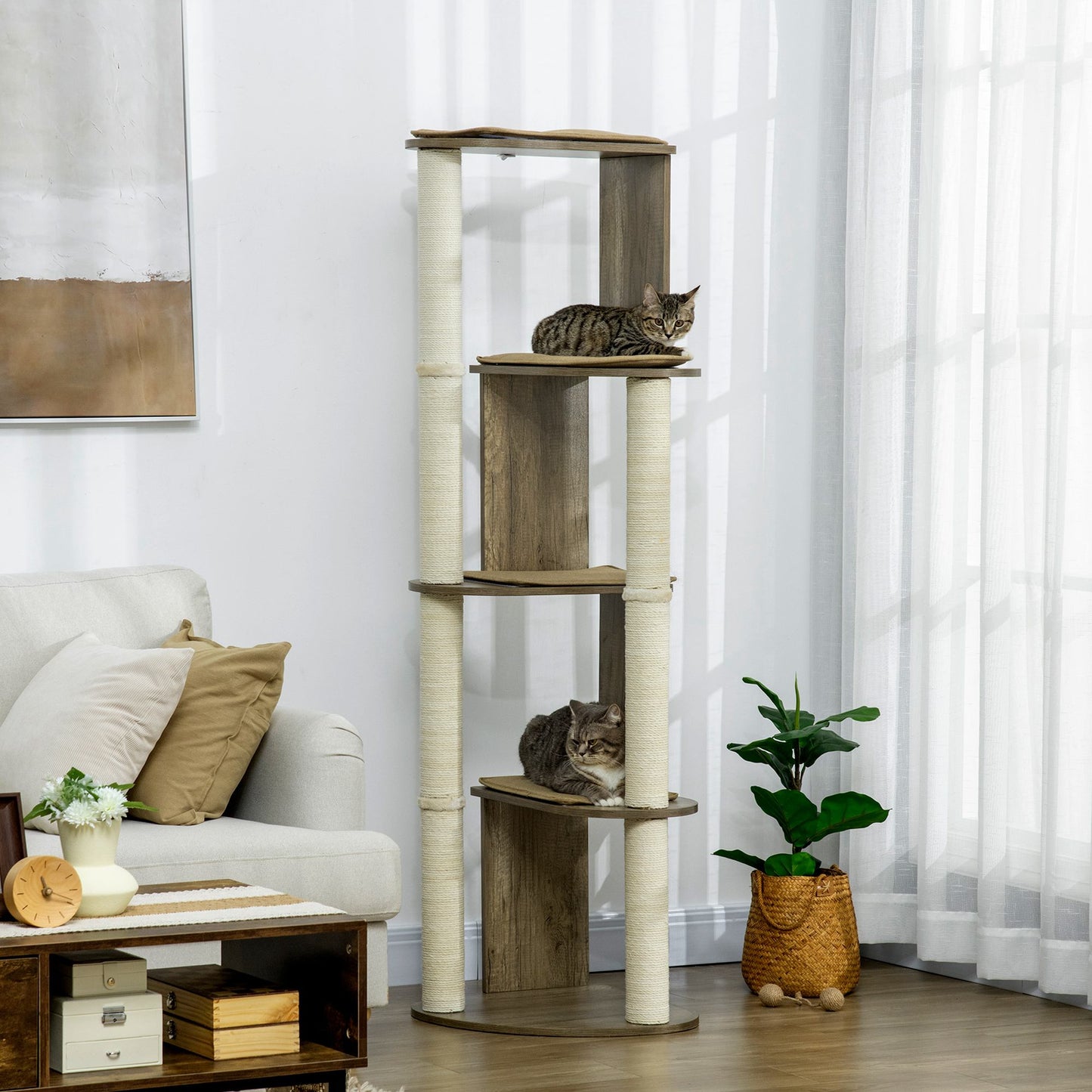65-Inch Modern Corner Cat Tree Tower with Scratching Posts for Indoor Cats - Cream White