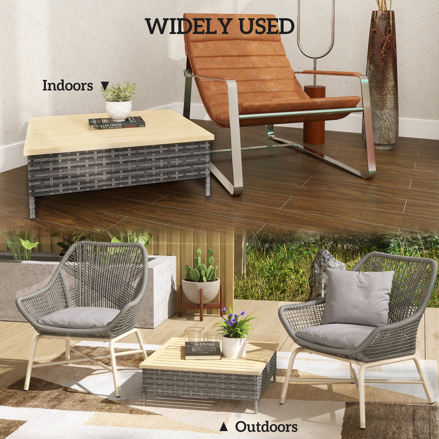 Outdoor Side Table with Gray PE Rattan & Fir Wood Top